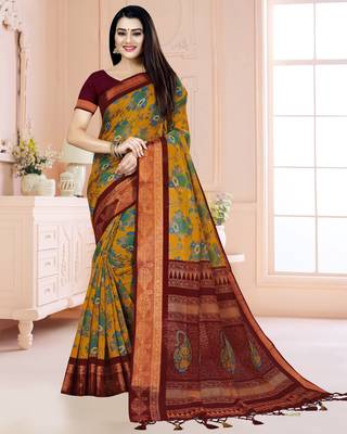 Mustard Printed Cotton Silk Saree With Blouse 1