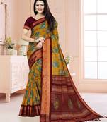 Mustard Printed Cotton Silk Saree With Blouse