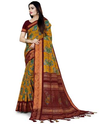 Mustard Printed Cotton Silk Saree With Blouse 2