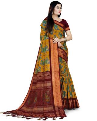 Mustard Printed Cotton Silk Saree With Blouse 3