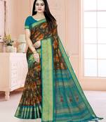 Olive printed cotton silk saree with blouse