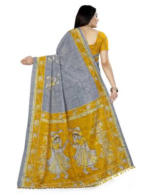 Grey printed cotton silk saree with blouse 4