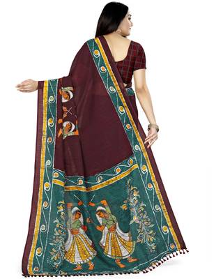 Brown Printed Cotton Silk Saree With Blouse 4