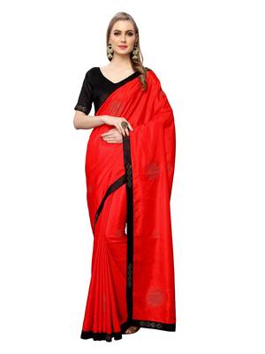 Red Plain Art Silk Saree With Blouse 1