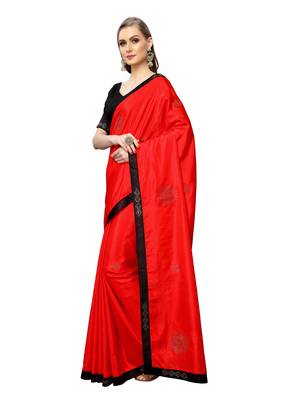 Red Plain Art Silk Saree With Blouse 2