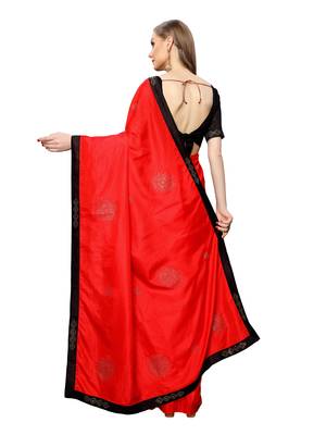 Red Plain Art Silk Saree With Blouse 3