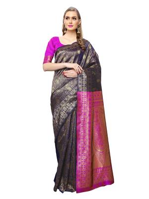 Navy Blue Woven art silk  Saree With Blouse 1