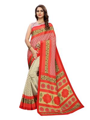 Red Printed Crepe Saree With Blouse 1
