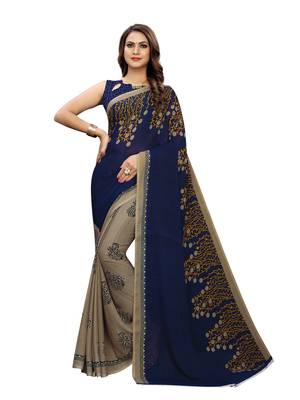Navy Blue Printed Georgette Saree With Blouse 1