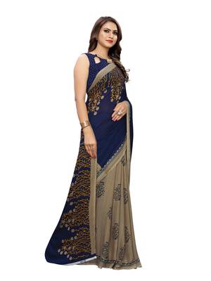 Navy Blue Printed Georgette Saree With Blouse 2