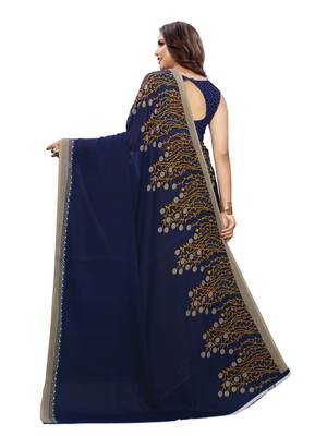 Navy Blue Printed Georgette Saree With Blouse 3