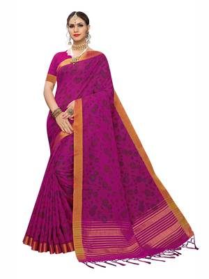Pink Printed Cotton Saree With Blouse 1