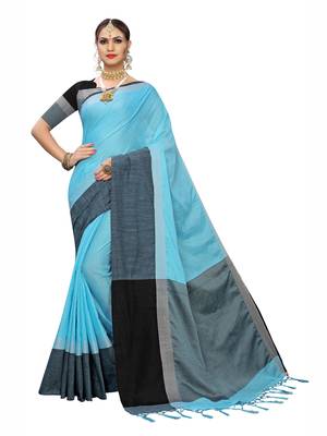 Sky Blue Plain Cotton Saree With Blouse 1