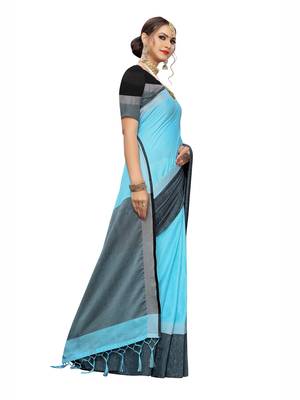 Sky Blue Plain Cotton Saree With Blouse 2