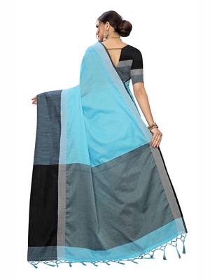 Sky Blue Plain Cotton Saree With Blouse 3