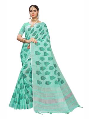 Light Sky Blue Printed Cotton Saree With Blouse 1