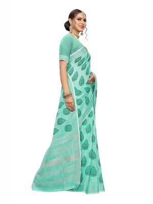 Light Sky Blue Printed Cotton Saree With Blouse 2