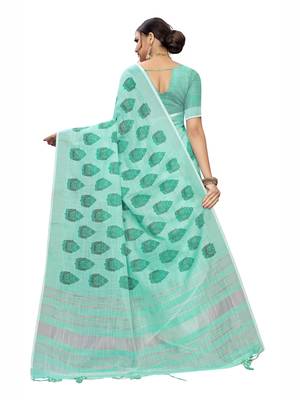 Light Sky Blue Printed Cotton Saree With Blouse 3