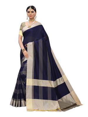 Navy Blue Woven Poly Silk Saree With Blouse 1