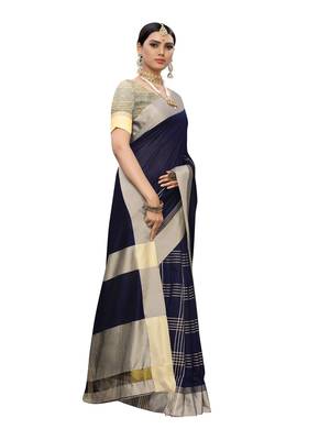 Navy Blue Woven Poly Silk Saree With Blouse 2