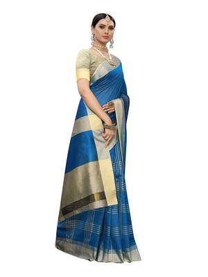 Blue Woven Poly Silk Saree With Blouse 2