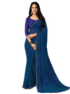 Dark Blue Printed Chiffon Saree With Blouse 1