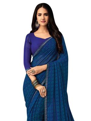 Dark Blue Printed Chiffon Saree With Blouse 2