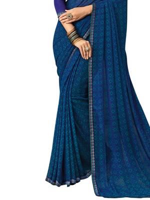 Dark Blue Printed Chiffon Saree With Blouse 3