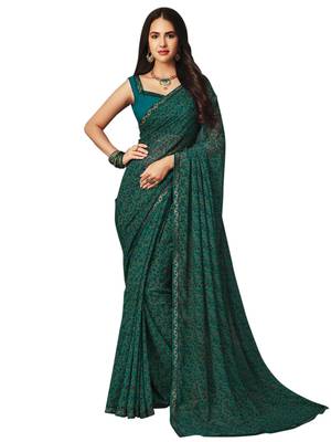 Dark Green Printed Chiffon Saree With Blouse 1