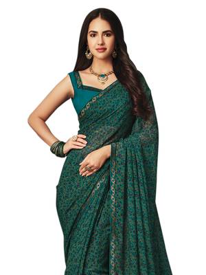 Dark Green Printed Chiffon Saree With Blouse 2