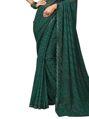 Dark Green Printed Chiffon Saree With Blouse 3
