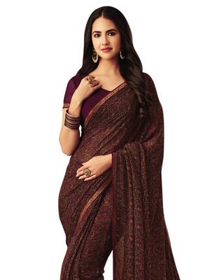 Burgundy Printed Chiffon Saree With Blouse 2