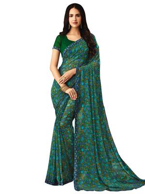 Light Green Printed Chiffon Saree With Blouse 1