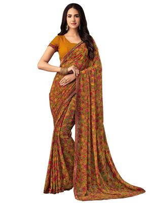 Light Mustard Printed Chiffon Saree With Blouse 1