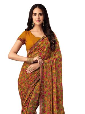 Light Mustard Printed Chiffon Saree With Blouse 2