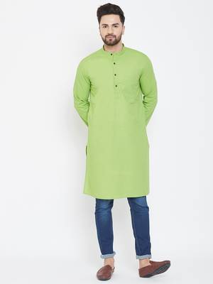 Green Plain Pure Cotton Men Kurtas 1