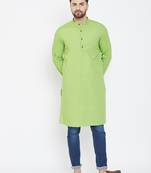 Green Plain Pure Cotton Men Kurtas