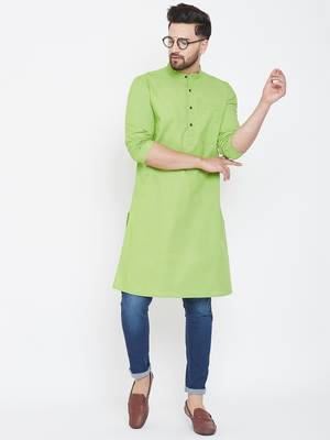 Green Plain Pure Cotton Men Kurtas 2