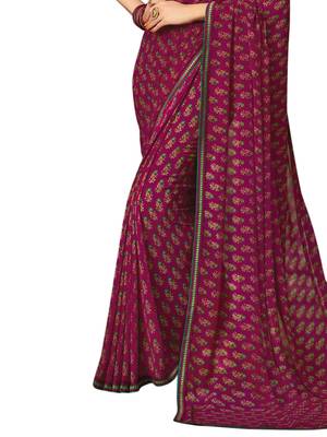 Purple Printed Chiffon Saree With Blouse 3