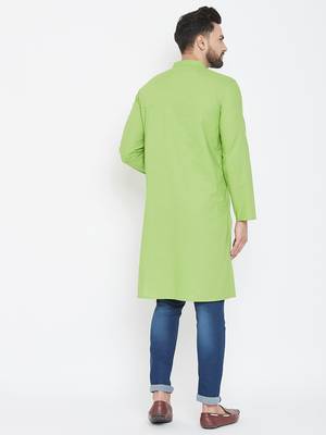 Green Plain Pure Cotton Men Kurtas 3