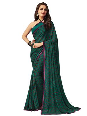 Green Printed Chiffon Saree With Blouse 1