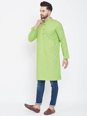 Green Plain Pure Cotton Men Kurtas 4