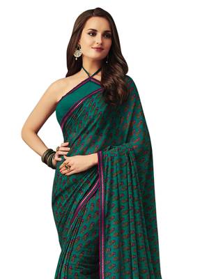 Green Printed Chiffon Saree With Blouse 2