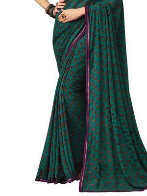 Green Printed Chiffon Saree With Blouse 3