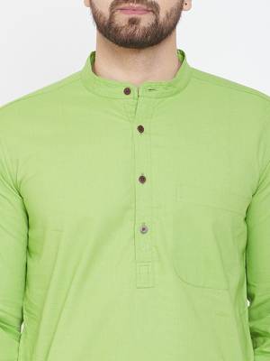 Green Plain Pure Cotton Men Kurtas 5