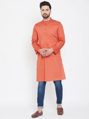 Orange Plain Pure Cotton Men Kurtas 1