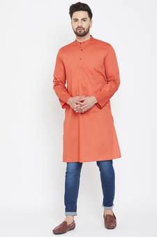Orange Plain Pure Cotton Men Kurtas