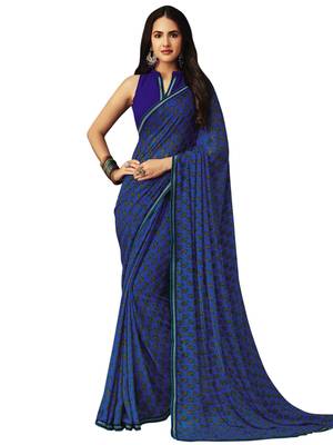 Dark Blue Printed Chiffon Saree With Blouse 1