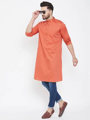 Orange Plain Pure Cotton Men Kurtas 2