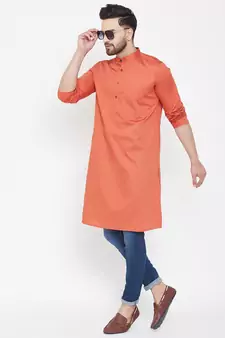 Orange Plain Pure Cotton Men Kurtas